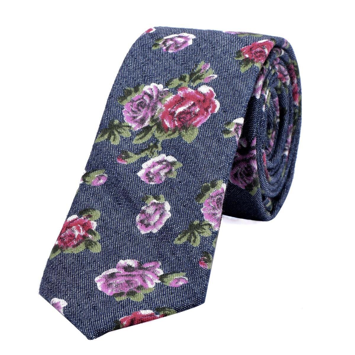 DonDon Krawatte »Herren Krawatte 6 cm einfarbig kariert und gepunkt« (1-St) Baumwolle, verschiedene Muster, für Büro oder festliche Veranstaltungen, jeans-blau mit Blumen