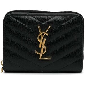 Pre-owned Saint Laurent Chevron Monogram Zip Around Compact Wallet Black