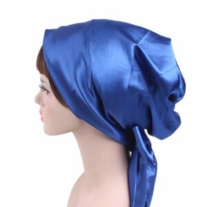 My Store 2stk TJM-226 Kvinders Satin Trykt Ribbon Sløjfe Turban Hat Nightcap Silke Kemoterapi Hat Long Tail Braid Hat (Royal Blue)