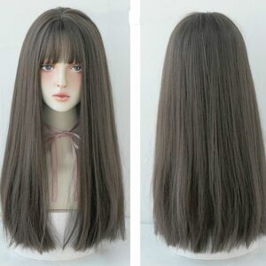 Shoppo Marte Female Black Long Straight Wig With Air Bangs(Cold Brown (Solid Color) 58CM)