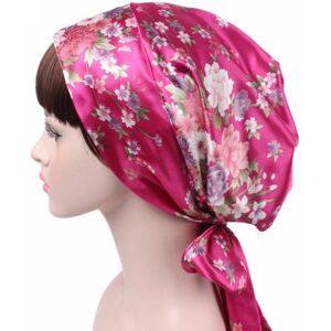 shopnbutik TJM-226 Ladies Satin Print Ribbon Bow Turban Hat Night Cap Silk Chemotherapy Hat Long Tail Braid Hat(Rose Red Flower)