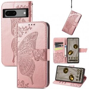 ExpressVaruhuset Google Pixel 8 Pung etui PU-Læder 4-KOMPARTMENT Motiv Sommerfugl Pink gold