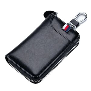 Læder bil nøglering nøgleholder nøgle pung, nøgle holder pung, multifunktionel lynlås nøgle taske pung (sort)