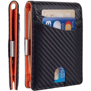 Minimalistisk slank pung til mænd, premium læderpung med pengeclips, Rfid-blokerende frontlomme Stilfuld bifold-pung (sort og orange)