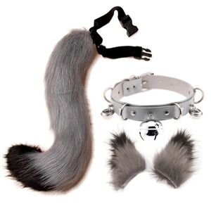 Justerbar imiteret pels massiv ulvehale, ører og hårspænder til cosplay (farve: Grå)
