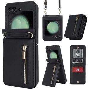 Z Flip 5 Wallet Case, Crossbody Lynlås Læder Stand Case til Samsung Galaxy Z Flip 5 med kortholder Black