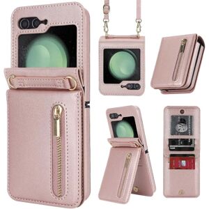 Z Flip 5 Wallet Case, Crossbody Lynlås Læder Stand Case til Samsung Galaxy Z Flip 5 med kortholder Rose Gold