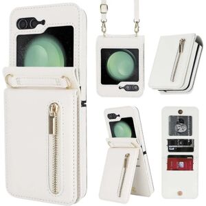 Z Flip 5 Wallet Case, Crossbody Lynlås Læder Stand Case til Samsung Galaxy Z Flip 5 med kortholder White