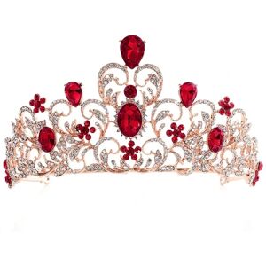 FLOWER LOST Ruby bryllup diadem til bruden, prinsesse krone voksen rhinestone pandebånd, brude hårtilbehør til kvinder, guld hovedbeklædning