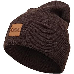 Urban Classics Leather Patch Long Beanie, Unisex Knitted Beanie for Men and Women in Many Colours, One Size, Heather brown, Einheitsgröße