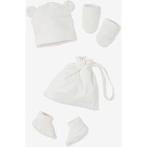 VERTBAUDET Conjunto de gorra, manoplas y patucos para recién nacido, con bolsa a juego blanco medio liso