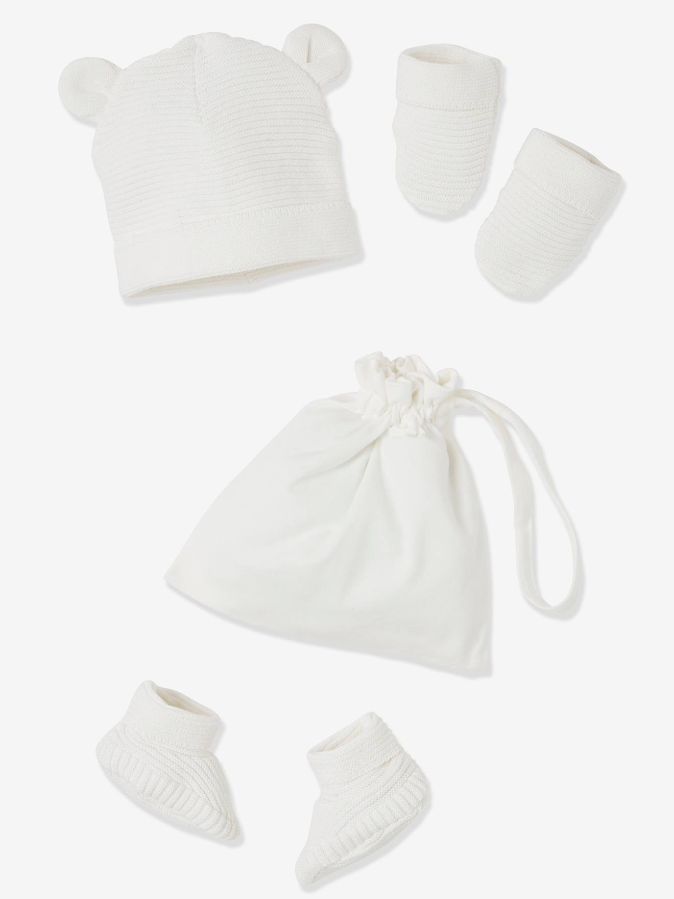 VERTBAUDET Conjunto de gorra, manoplas y patucos para recién nacido, con bolsa a juego blanco medio liso