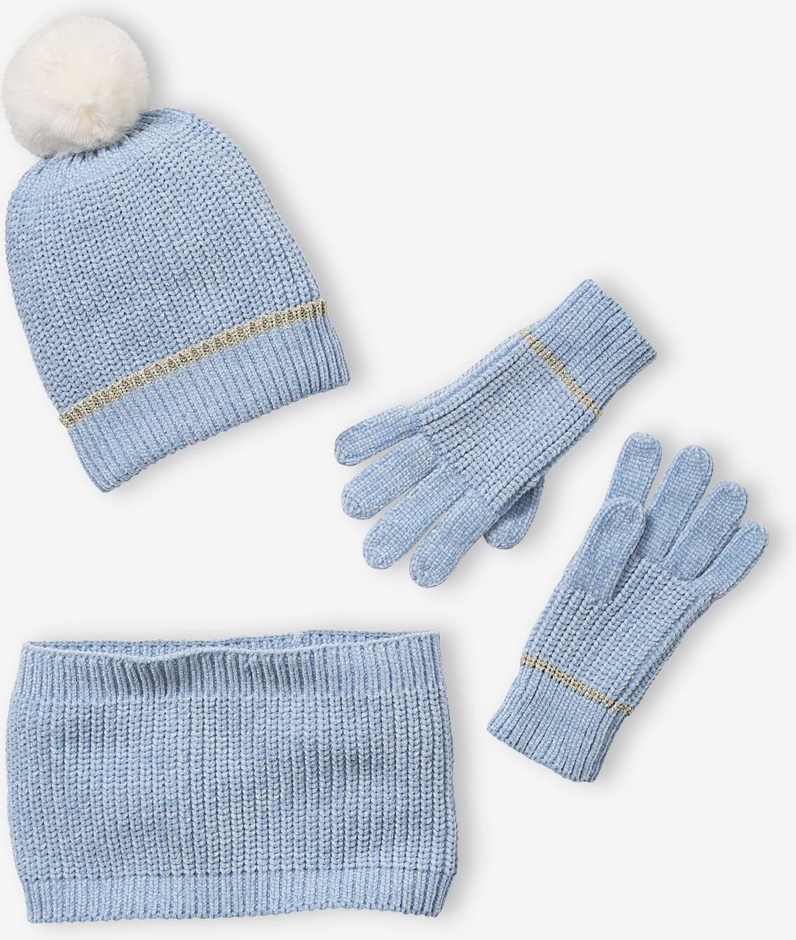 VERTBAUDET Conjunto de gorro + snood + guantes de punto chenilla, niña azul claro jaspeado