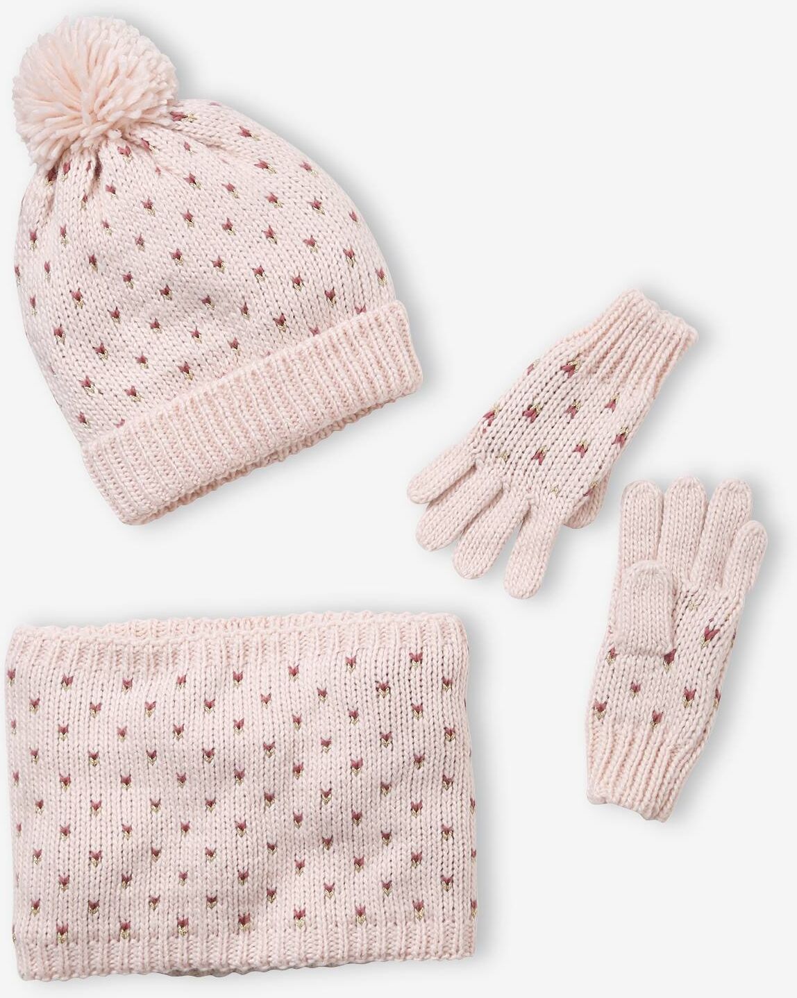 VERTBAUDET Conjunto de gorro + snood + manoplas Corazones, niña rosa claro liso con motivos