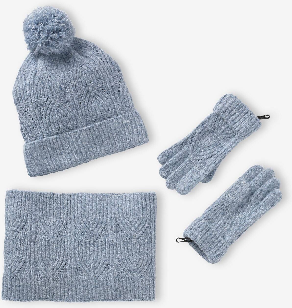 VERTBAUDET Conjunto de gorro + snood + mitones de punto bobo trenzado azul grisáceo