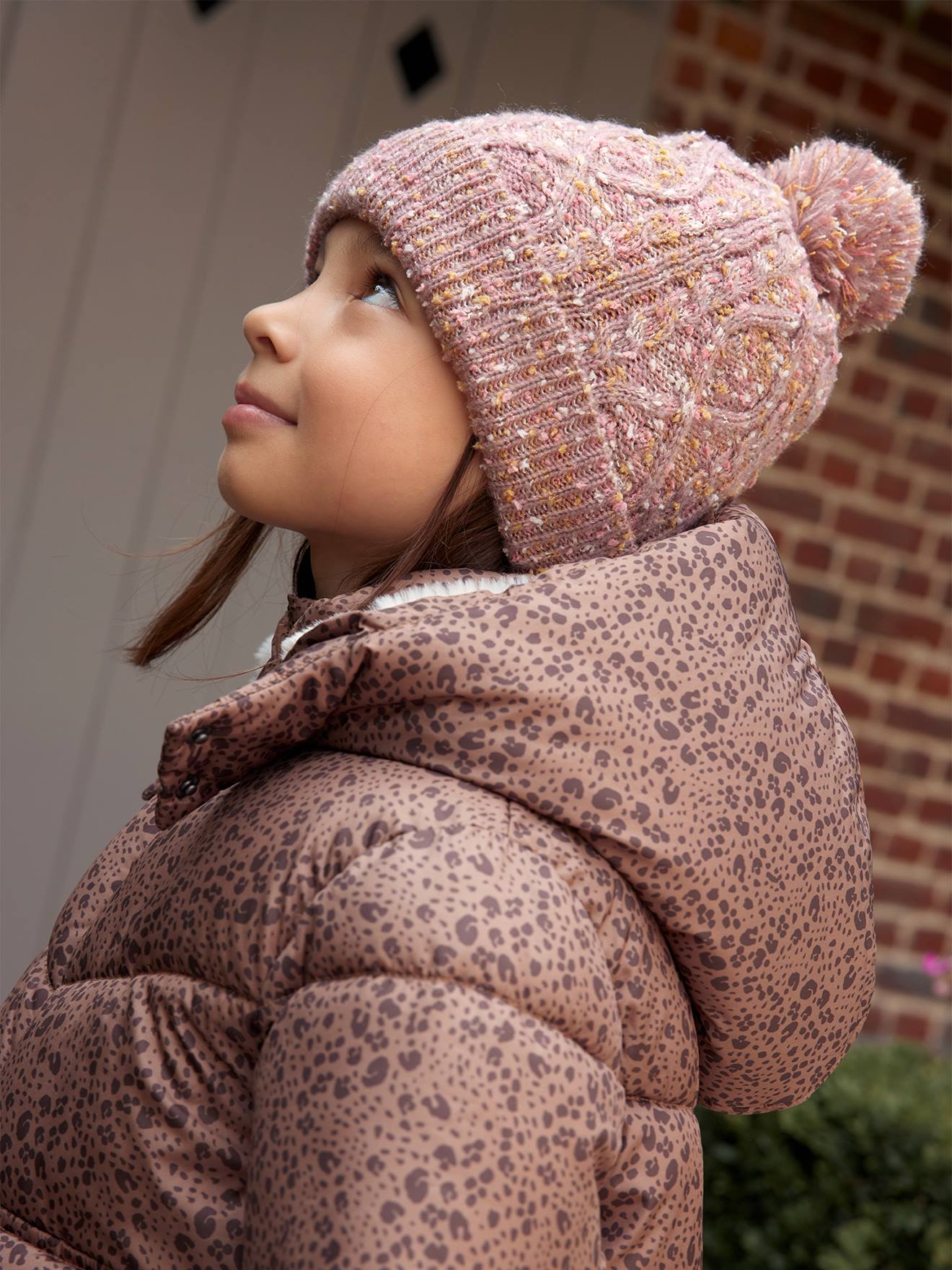 VERTBAUDET Conjunto para niña: gorro + snood + manoplas/mitones de punto trenzado malva