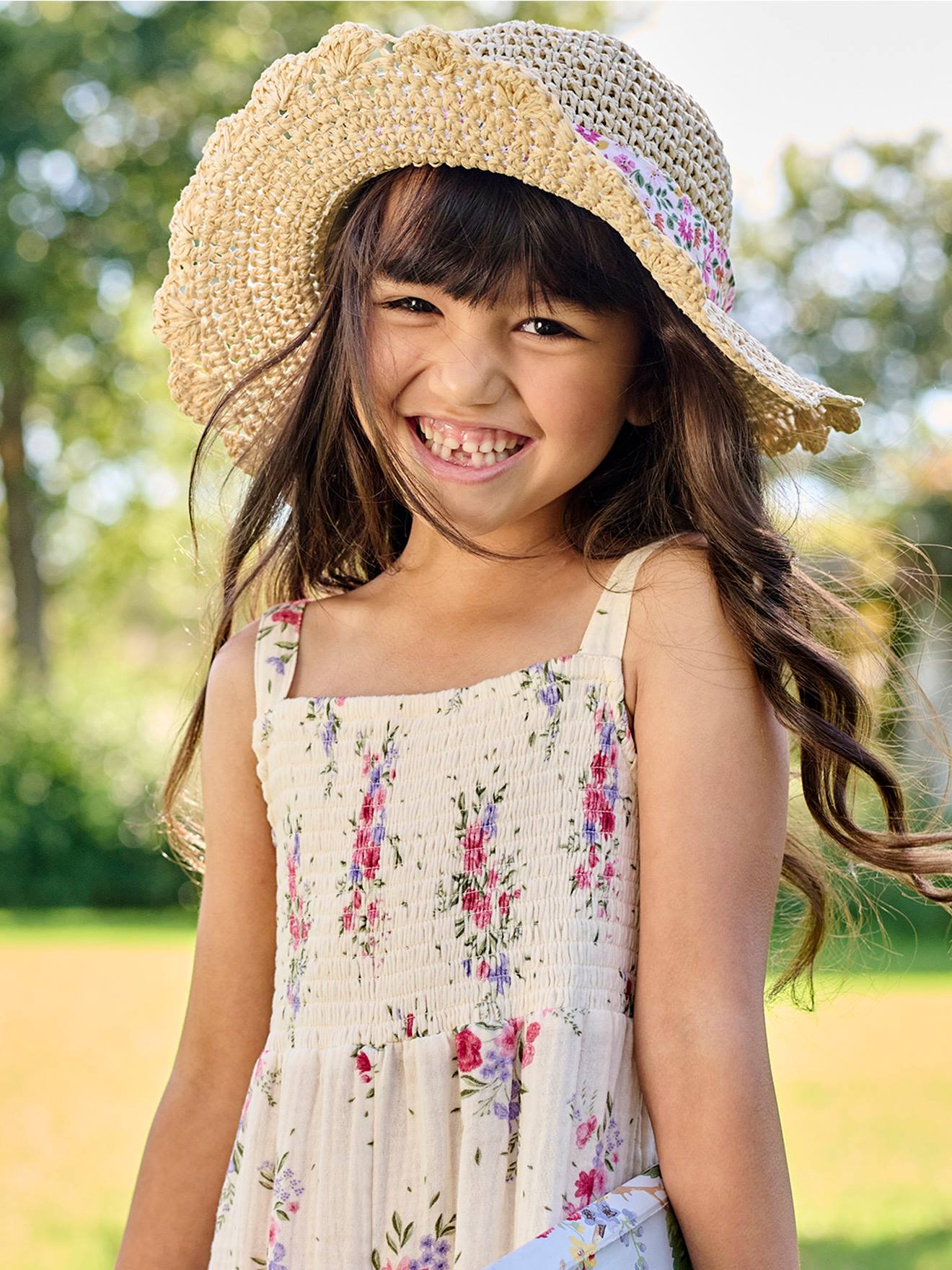 VERTBAUDET Sombrero aspecto paja efecto ganchillo con lazo estampado para niña rosa rosa pálido