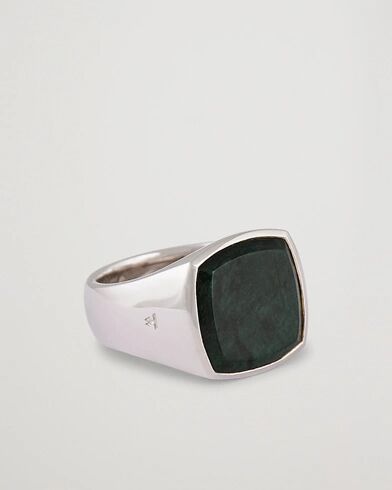 Wood Cushion Green Marble Ring Silver