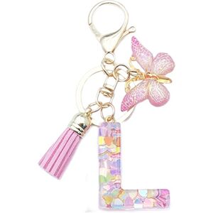 Xsclpomddy Porte-clés lettre initiale de A à Z rose avec pendentif papillon pompon pour portefeuille, sac à dos, sacs à main, femmes et filles, l - Publicité