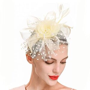 Chapeau pour femme avec plumes pour thé, mariage, cocktail, pince à cheveux, bandeau d'entraînement (beige, taille unique) - Publicité
