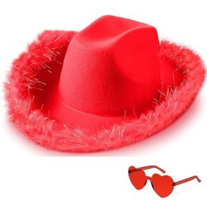 shuntaiwei Chapeau de cowboy occidental en feutre avec lunettes de soleil, chapeau de cowgirl à large bord en plumes pour femmes et hommes, chapeaux de cowboy Fedora en daim accessoires de fête - Publicité