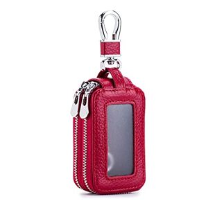 PORRASSO Etuis Porte Clés Véritable Cuir Voiture Clé Cas Double Zippée Pochette Porte Cles Porte-Monnaie Portable Car Key Case pour Hommes Femme Rouge - Publicité