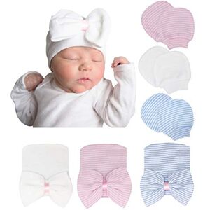 DRESHOW Bonnets de Naissance et Moufles de Protection Coton 3 Pcs Bonnets Coordonnés et 3 Paires Mitaines Scratch de Protection Enfant Bébé Fille Garçon (0-3 Mois) - Publicité