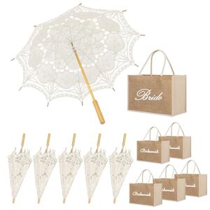 TOPTIE Lot de 6 parasols en Dentelle et 6 Sacs fourre-Tout en Jute, Sac Cadeau pour Demoiselles d'honneur de Mariage - Publicité