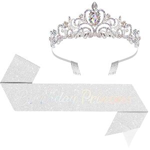 Falafoty Anniversaire princesse ceinture et diadème pour filles femme strass couronne d'anniversaire et ceinture ruban de fête ensemble décorations d'anniversaire accessoires de fête couronne (set d'argent) - Publicité