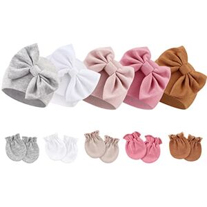 DRESHOW Bonnets de Naissance et Moufles de Protection Coton 5 Pcs Bonnets Coordonnés et 5 Paires Mitaines Scratch de Protection Enfant Bébé Fille Garçon - Publicité