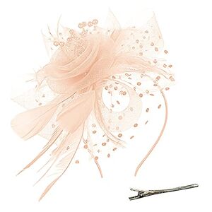 Chapeau pour femme avec plumes pour thé, mariage, cocktail, bandeau en maille avec fleur (kaki, taille unique) - Publicité