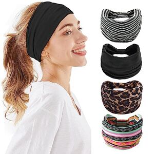 GWAWG 4 PCS Bandeau Cheveux Femme Large élastique Doux Boho Bandeau Large Flower Leopard Black Yoga Sport Hairbands - Publicité