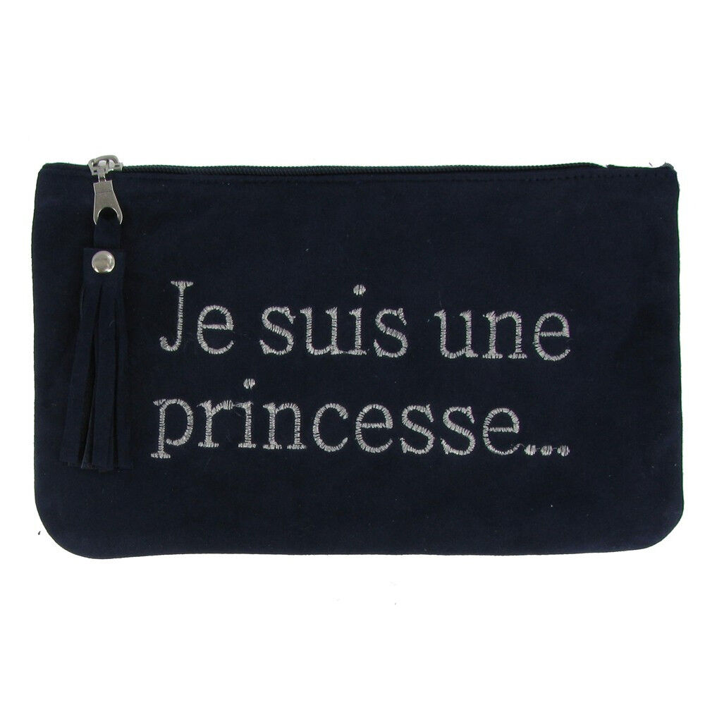 LES POULETTES BIJOUX Pochette Sac Daim Brodé Je suis une Princesse Couleur Bleu Marine