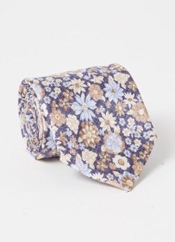 Profuomo Stropdas van zijde met bloemenprint - Donkerblauw