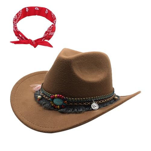 Wudlad Cowboyhoed voor dames en heren, westernhoed, fedora-hoed, cowboyhoed met buitenkant, voor cowboyhoed, brede rand met leren band, rode bandana, westernhoed, cowboyhoed voor country-kleding,