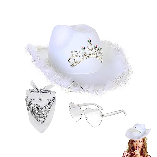 Shannan Cowboy Hoed roze set, cowboy hoed dames roze, cowgirl-muts van vilt in heldere kleuren voor dames, hartbril, polyester, vierkante sjaal, cowboy accessoires dames