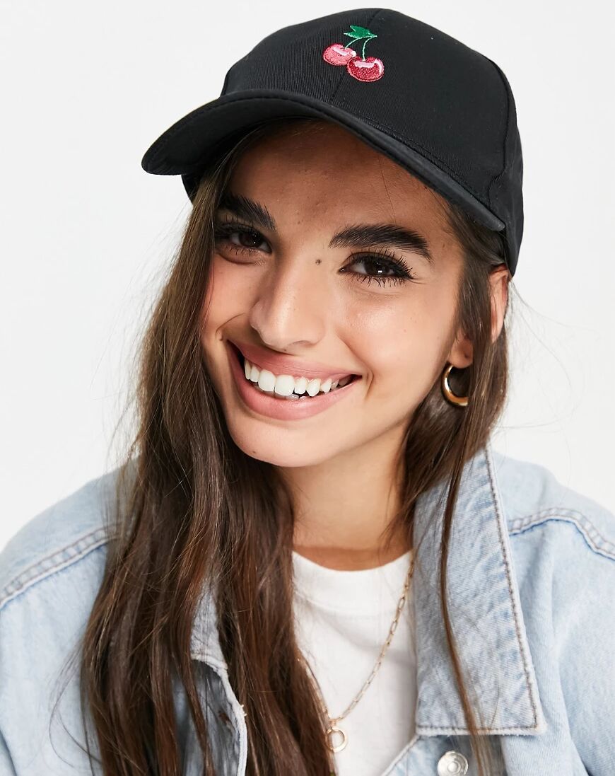 ASOS DESIGN baseball cap with cherry motif in black  Black