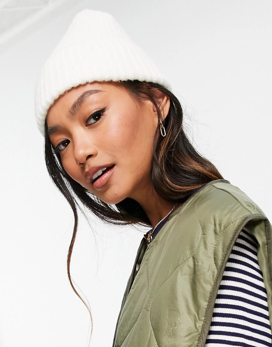 ASOS DESIGN chunky beanie with deep turn up in white  White