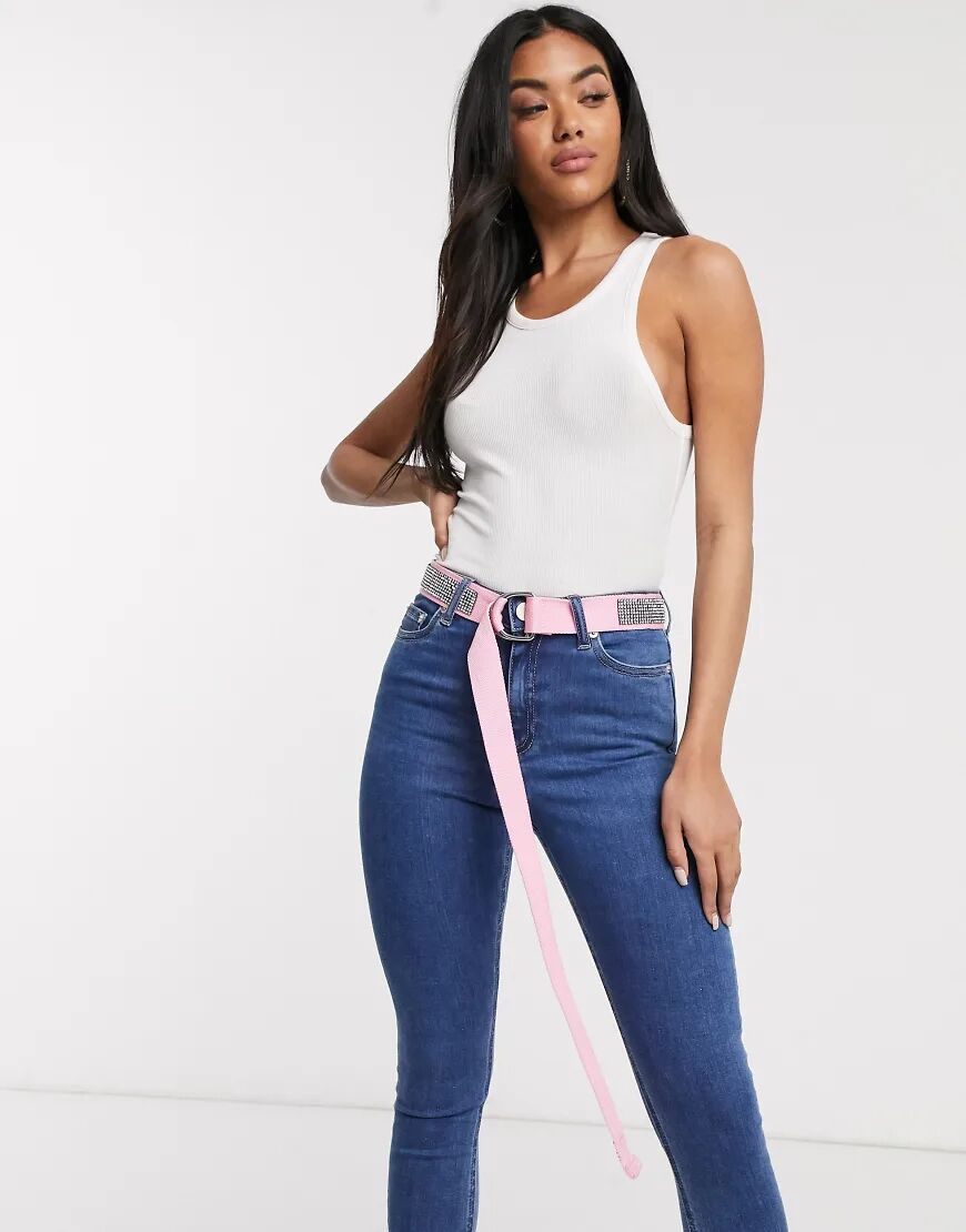 ASOS DESIGN diamante webbing waist and hip jeans belt in pink  Pink