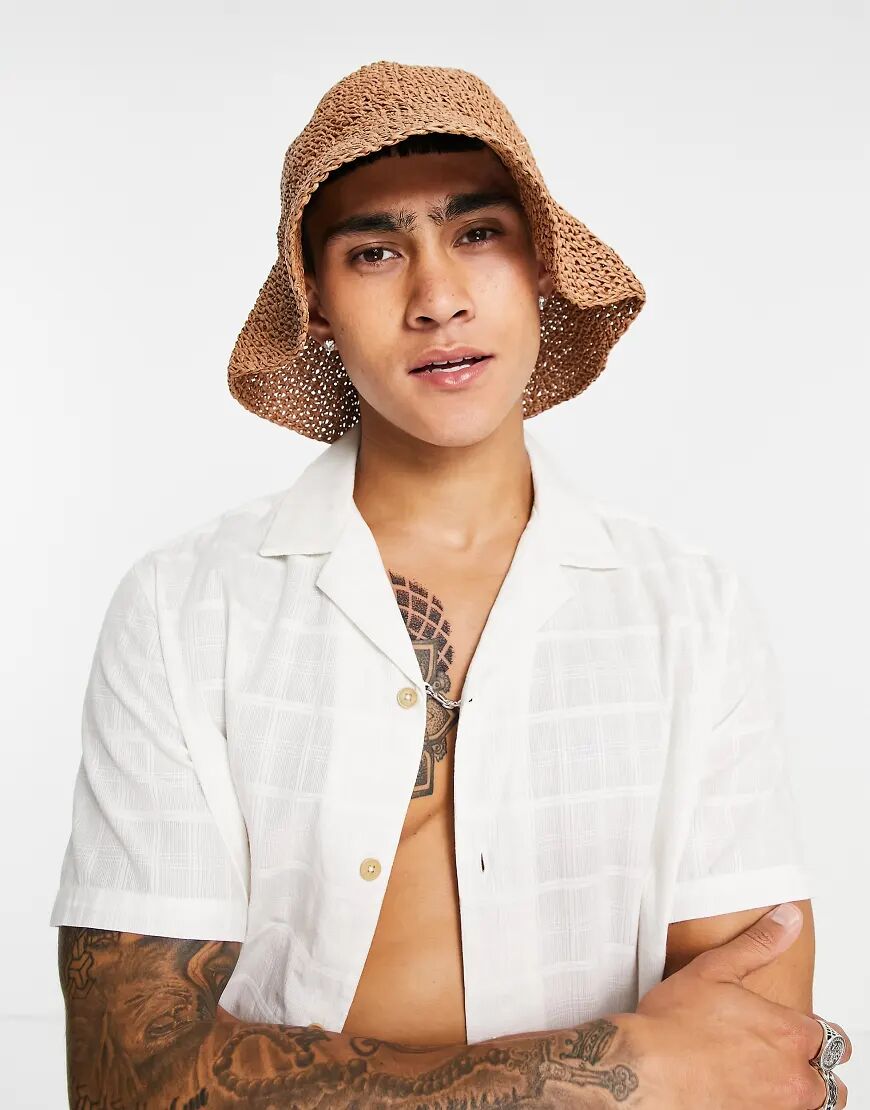 ASOS DESIGN festival straw bucket hat in brown  Brown