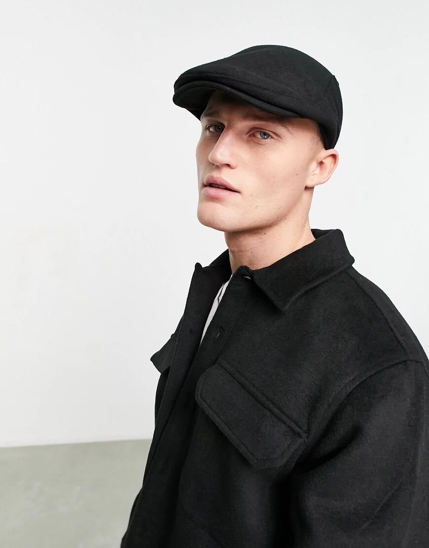 ASOS DESIGN flat cap in black melton  Black