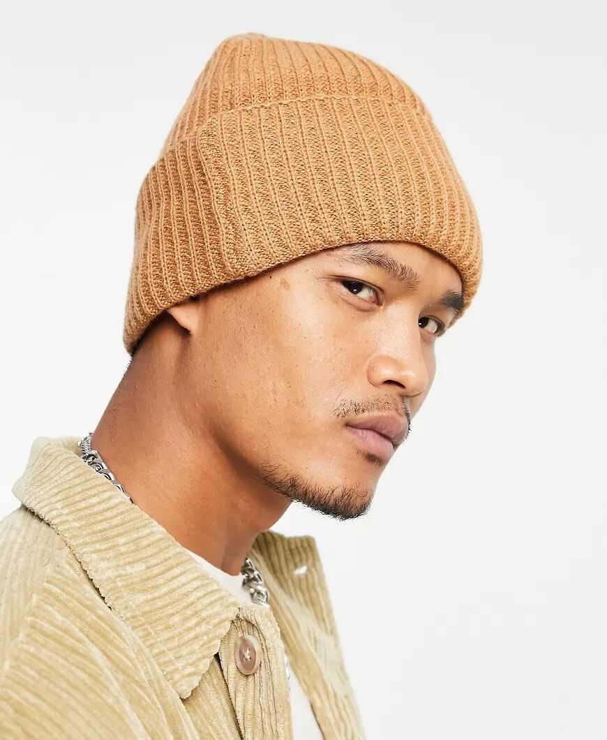 ASOS DESIGN lambswool oversized beanie in tan-Brown  Brown