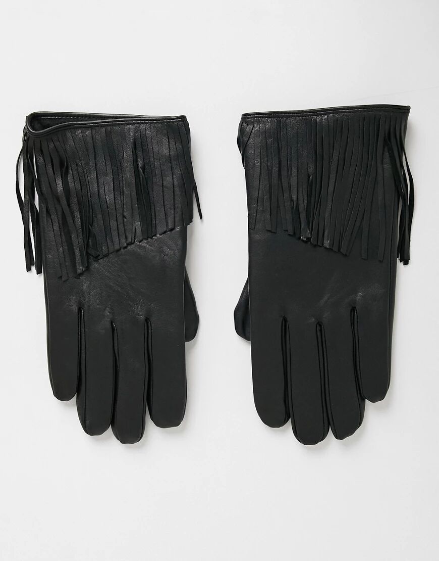 ASOS DESIGN leather gloves in black with tassel detail  Black