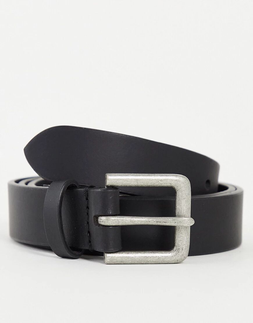 ASOS DESIGN leather slim belt in black with silver buckle  Black