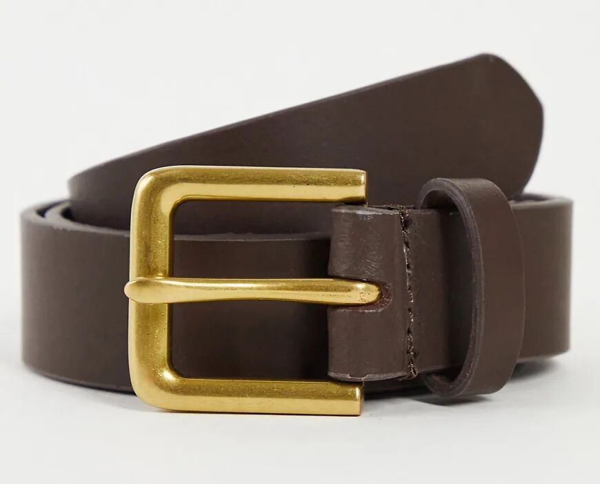 ASOS DESIGN leather slim belt in brown with antique gold buckle  Brown