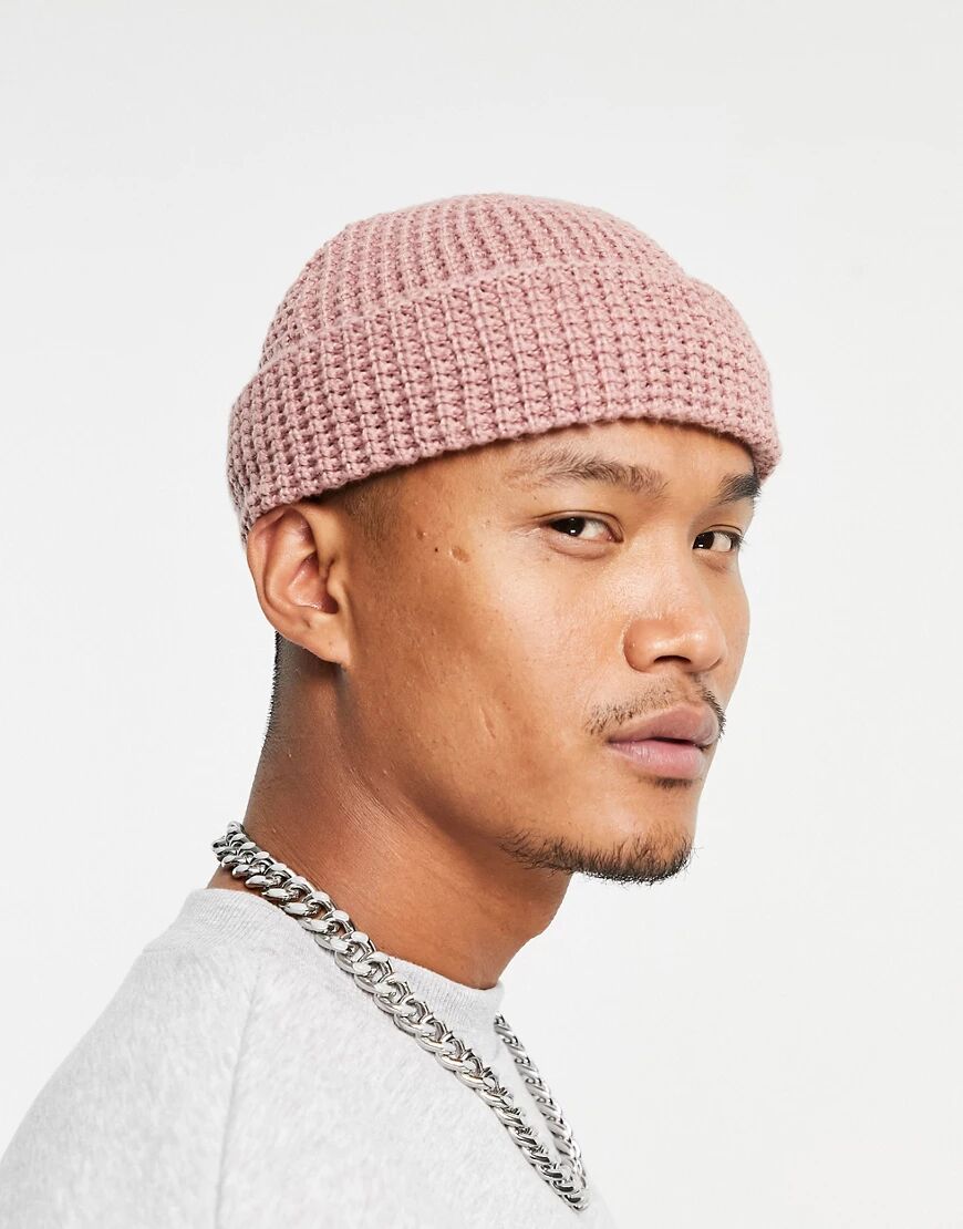 ASOS DESIGN mini fisherman beanie with waffle knit detail in pink  Pink