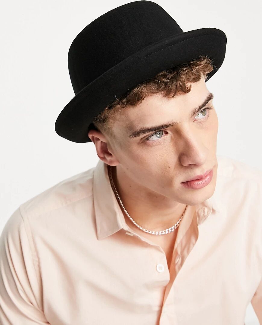 ASOS DESIGN pork pie hat in black and size adjuster  Black