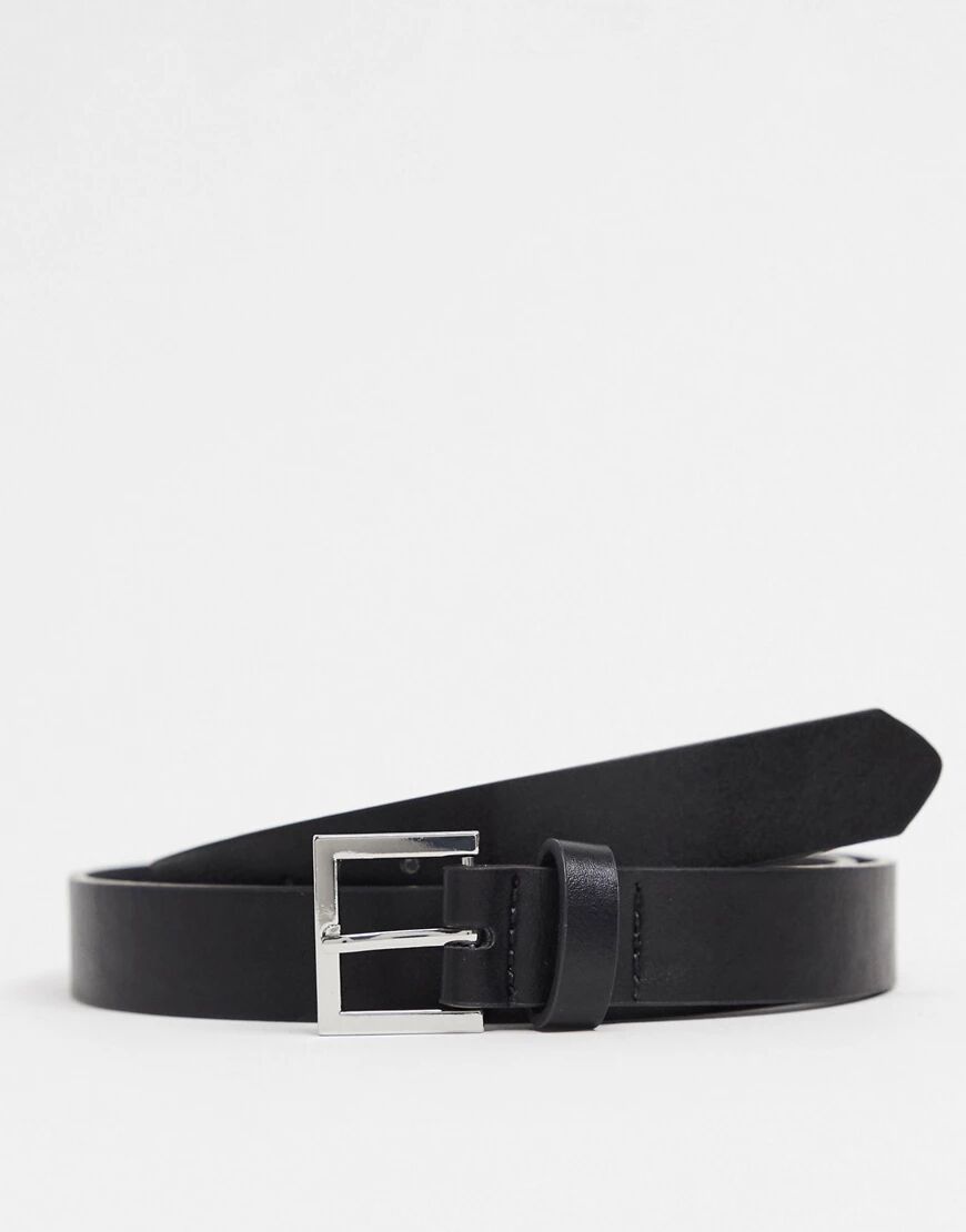 ASOS DESIGN skinny belt in black faux leather with silver buckle  Black
