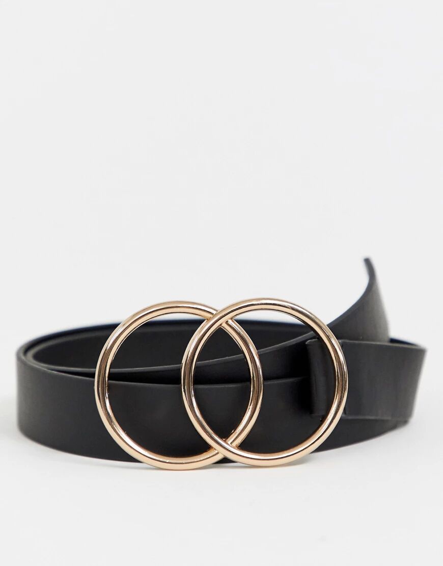 ASOS DESIGN slim belt in black faux leather with double circle buckle  Black