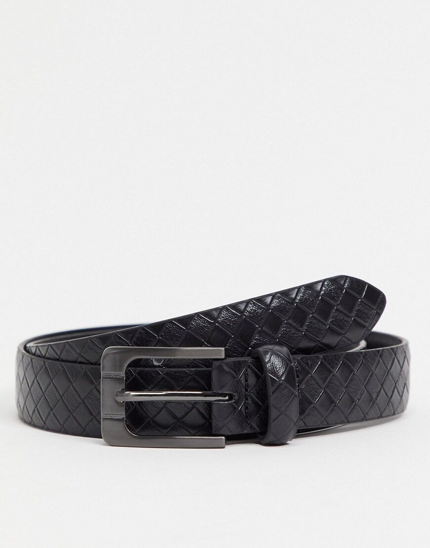 ASOS DESIGN slim belt in black faux leather with weave emboss  Black